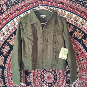 One World Army Green Cropped Zip-Up Denim Jacket
